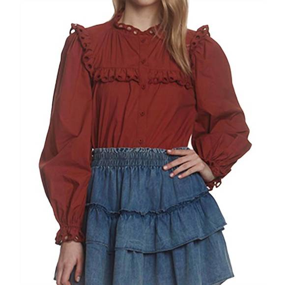 NEW STELLAH eyelet ruffle trim button down top in spice - Picture 1 of 2